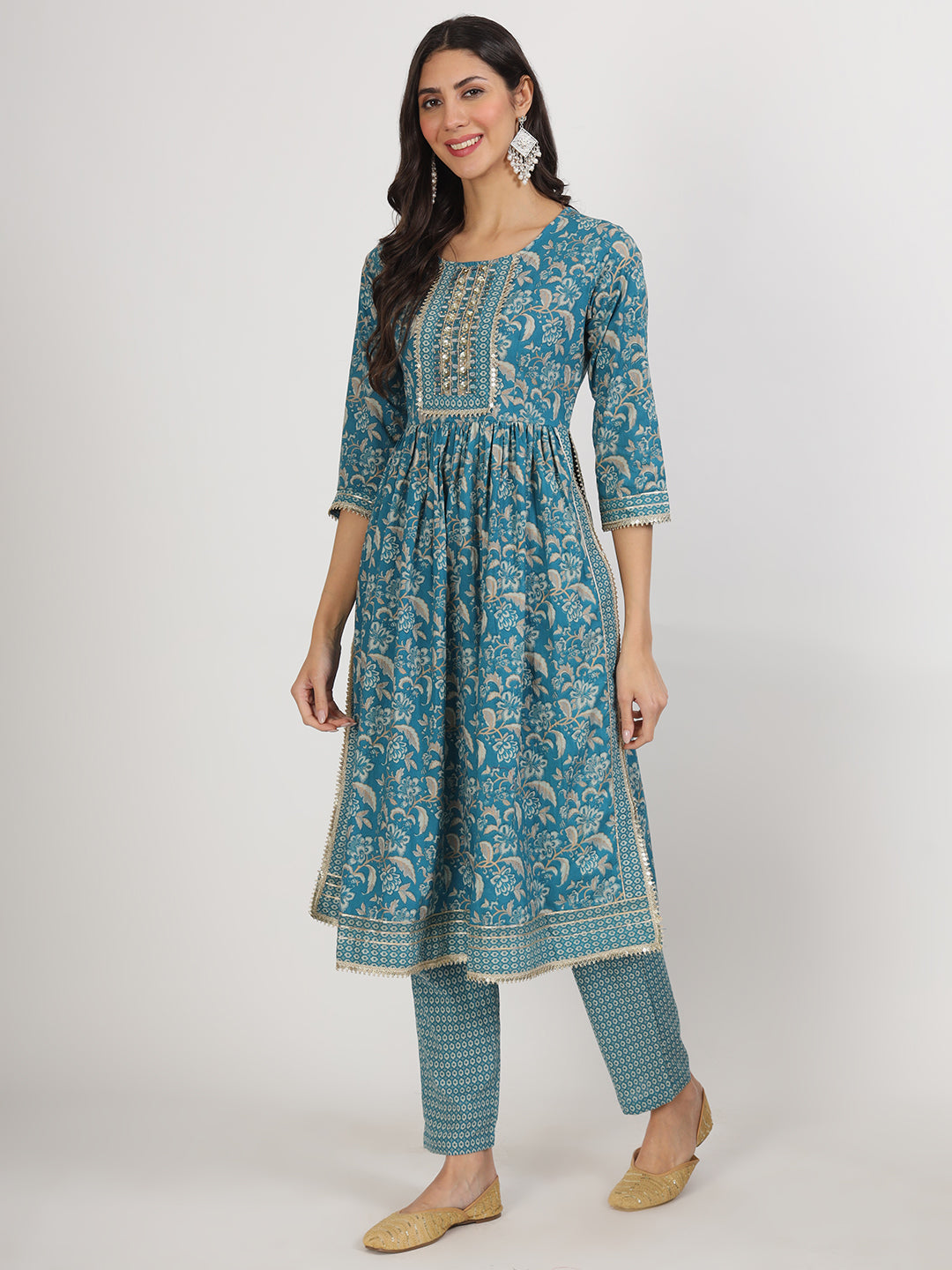 Eshani Teal Blue Floral Print Cotton Nyra Cut Kurta pants with Dupatta set