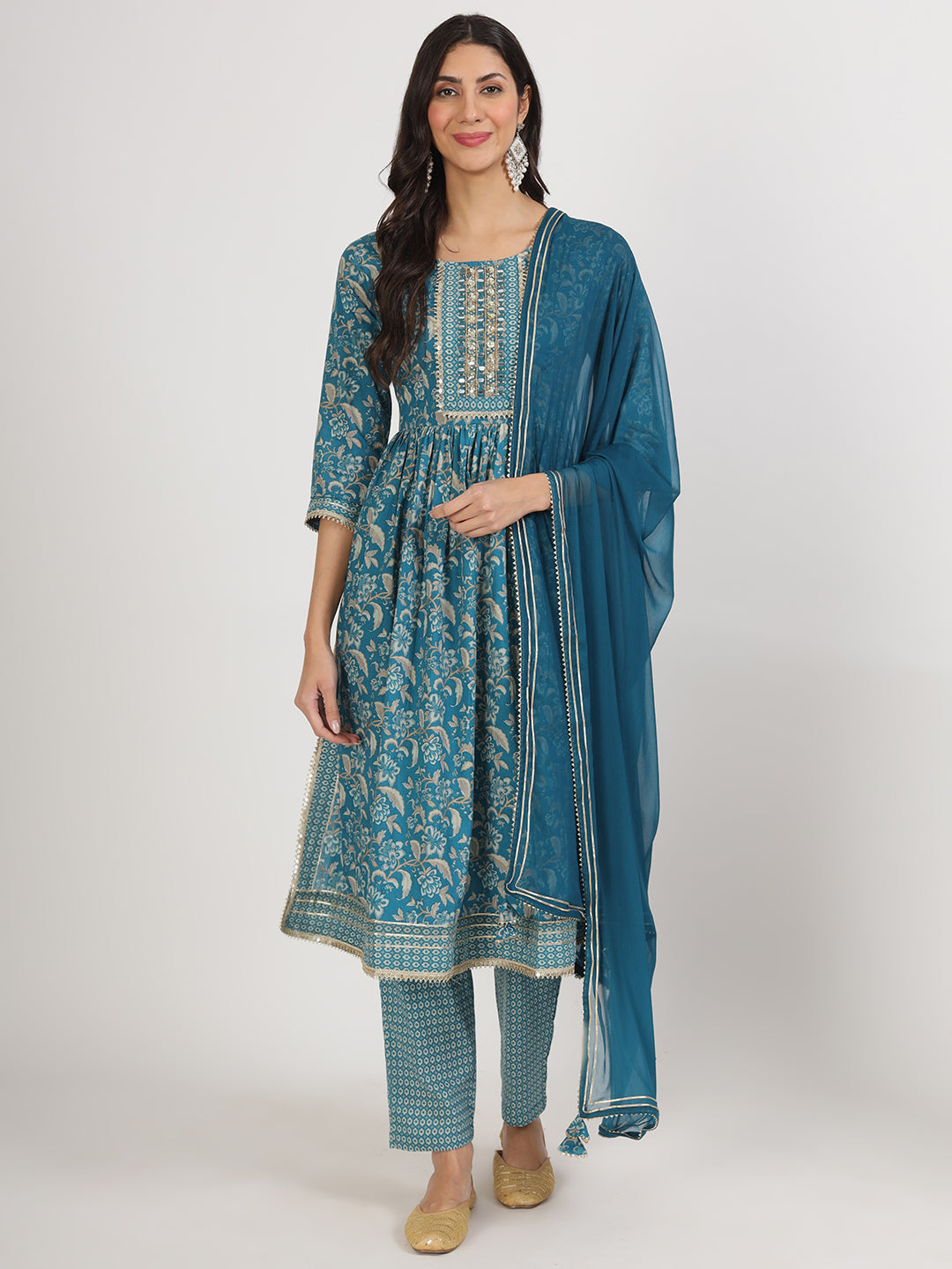 Eshani Teal Blue Floral Print Cotton Nyra Cut Kurta pants with Dupatta set