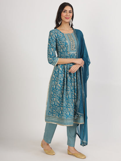 Eshani Teal Blue Floral Print Cotton Nyra Cut Kurta pants with Dupatta set