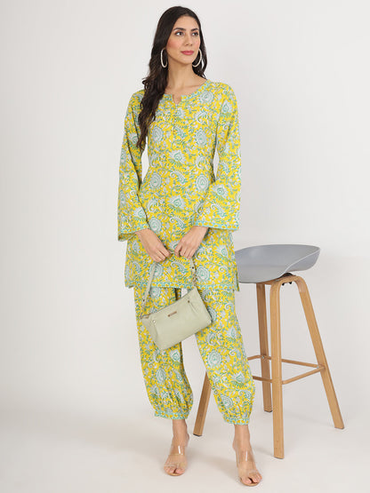 Eshani Mustard Floral Print Rayon Co-ord set