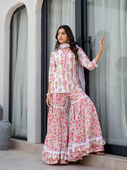 Eshani White Floral Print Pure Cotton Kurta Sharara Set for Women