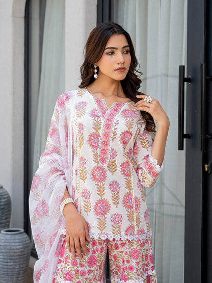 Eshani White Floral Print Pure Cotton Kurta Sharara Set for Women