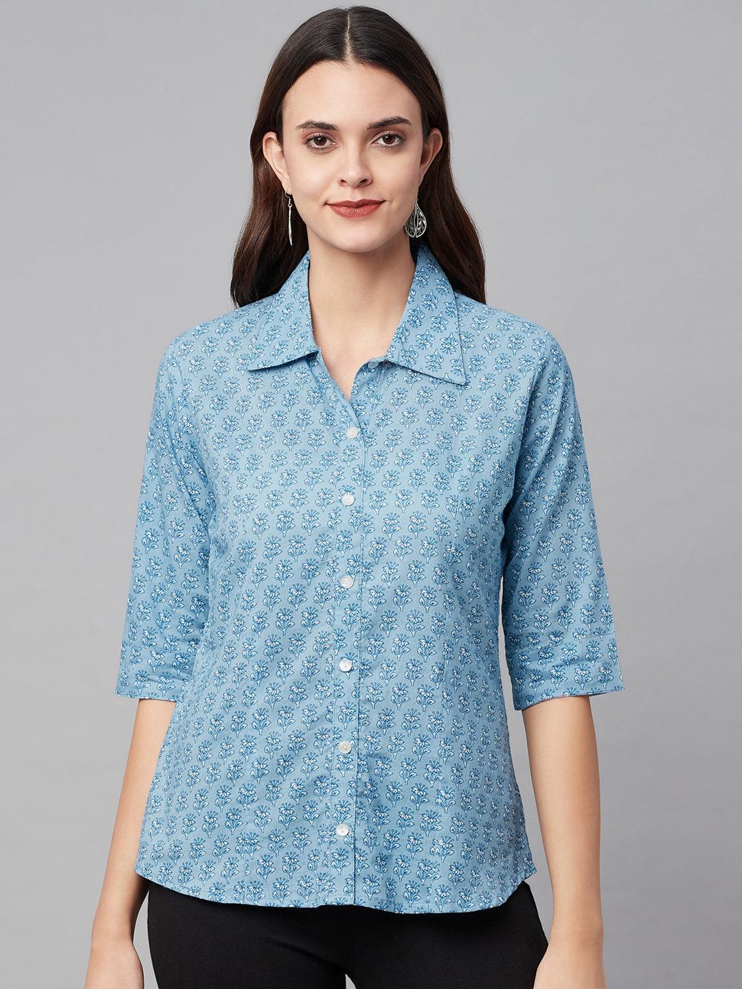 Eshani Sky Blue Block Printed Casual Women Shirts - Eshani world