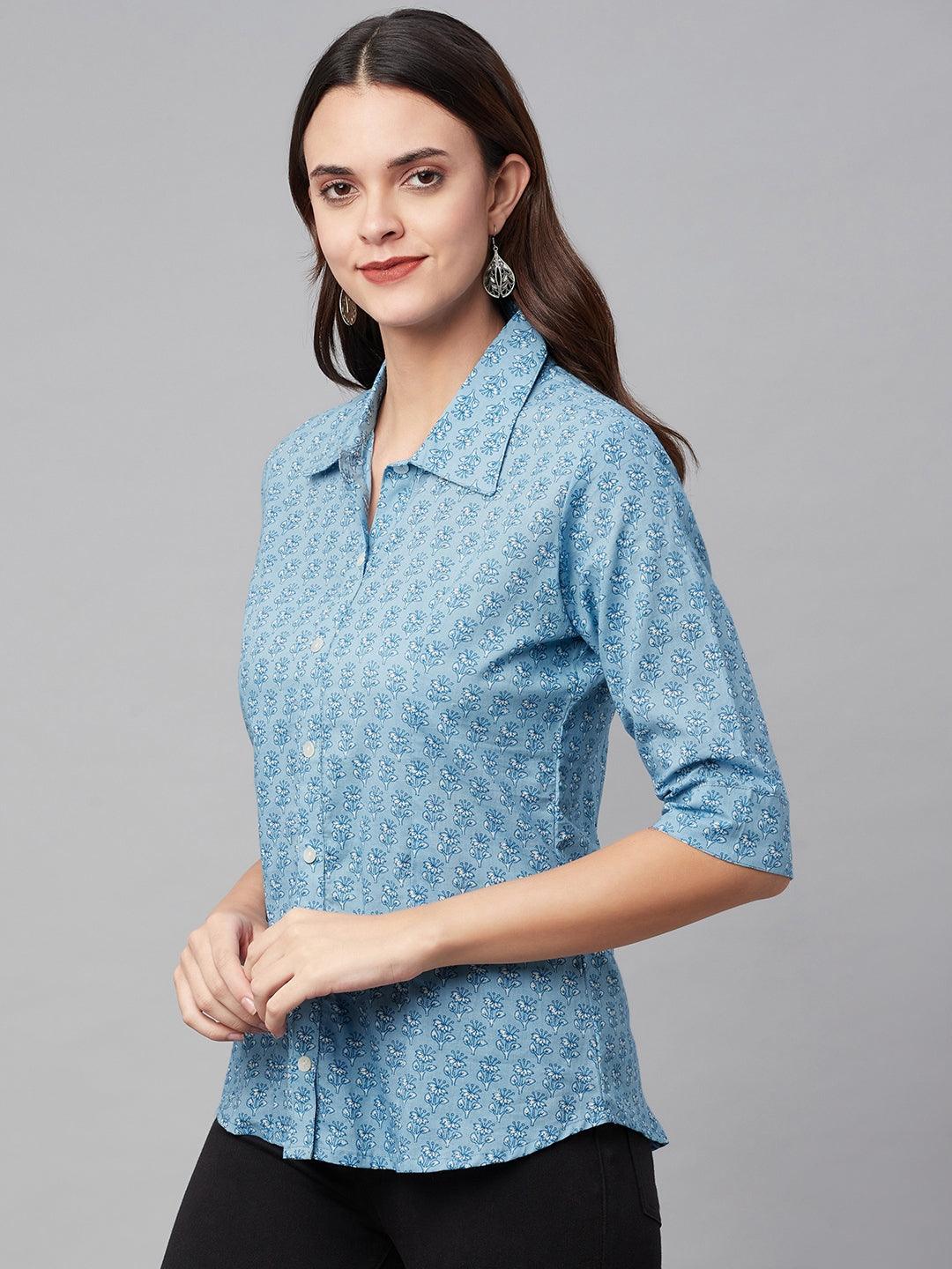 Eshani Sky Blue Block Printed Casual Women Shirts - Eshani world