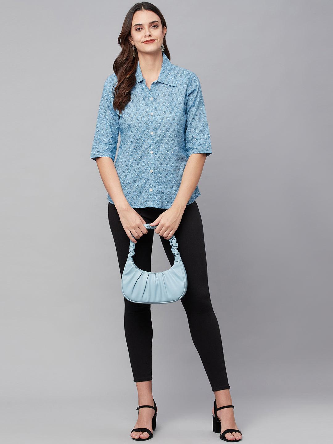 Eshani Sky Blue Block Printed Casual Women Shirts - Eshani world