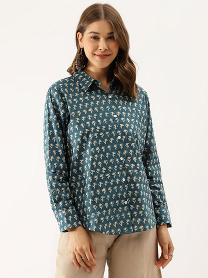 Eshani Turquoise Blue Ethnic Motif Printed Casual Women Shirts