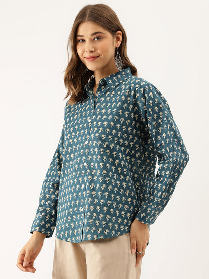 Eshani Turquoise Blue Ethnic Motif Printed Casual Women Shirts