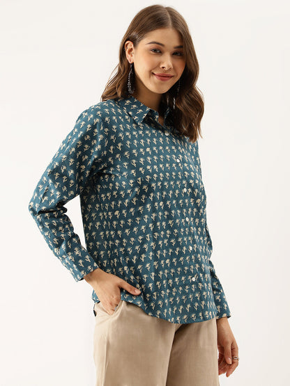 Eshani Turquoise Blue Ethnic Motif Printed Casual Women Shirts