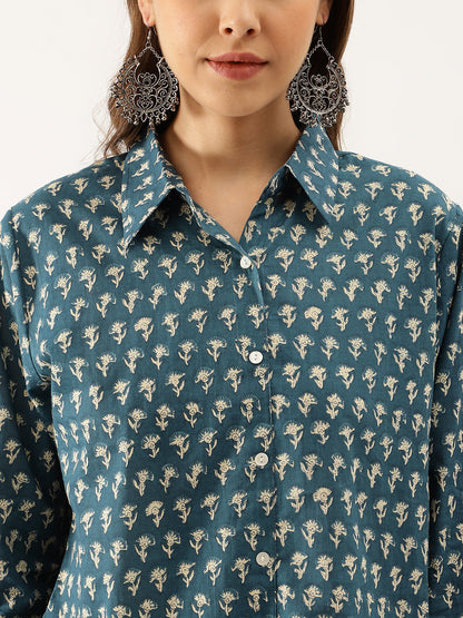 Eshani Turquoise Blue Ethnic Motif Printed Casual Women Shirts