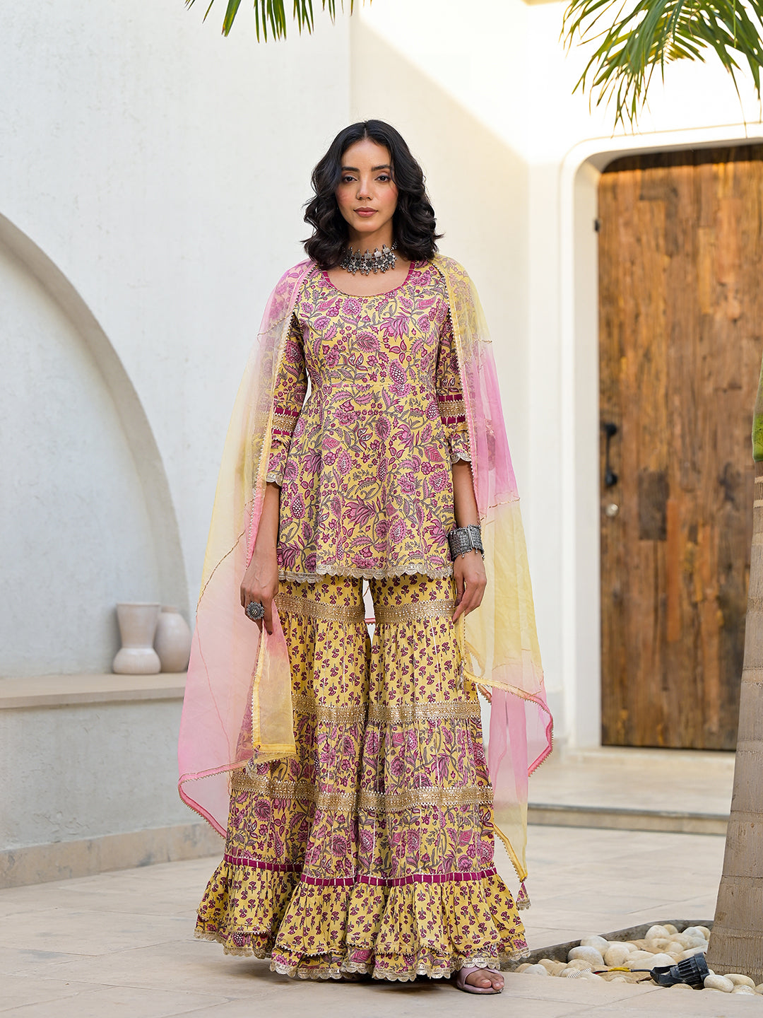 Eshani Yellow Floral Print Cotton Kurta Sharara Set for women