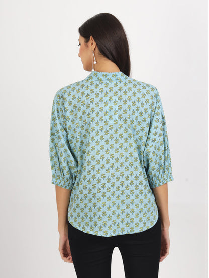 Eshani Sky Blue Floral Printed Cotton Tops