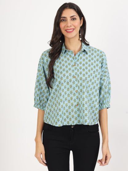 Eshani Sky Blue Floral Printed Cotton Tops