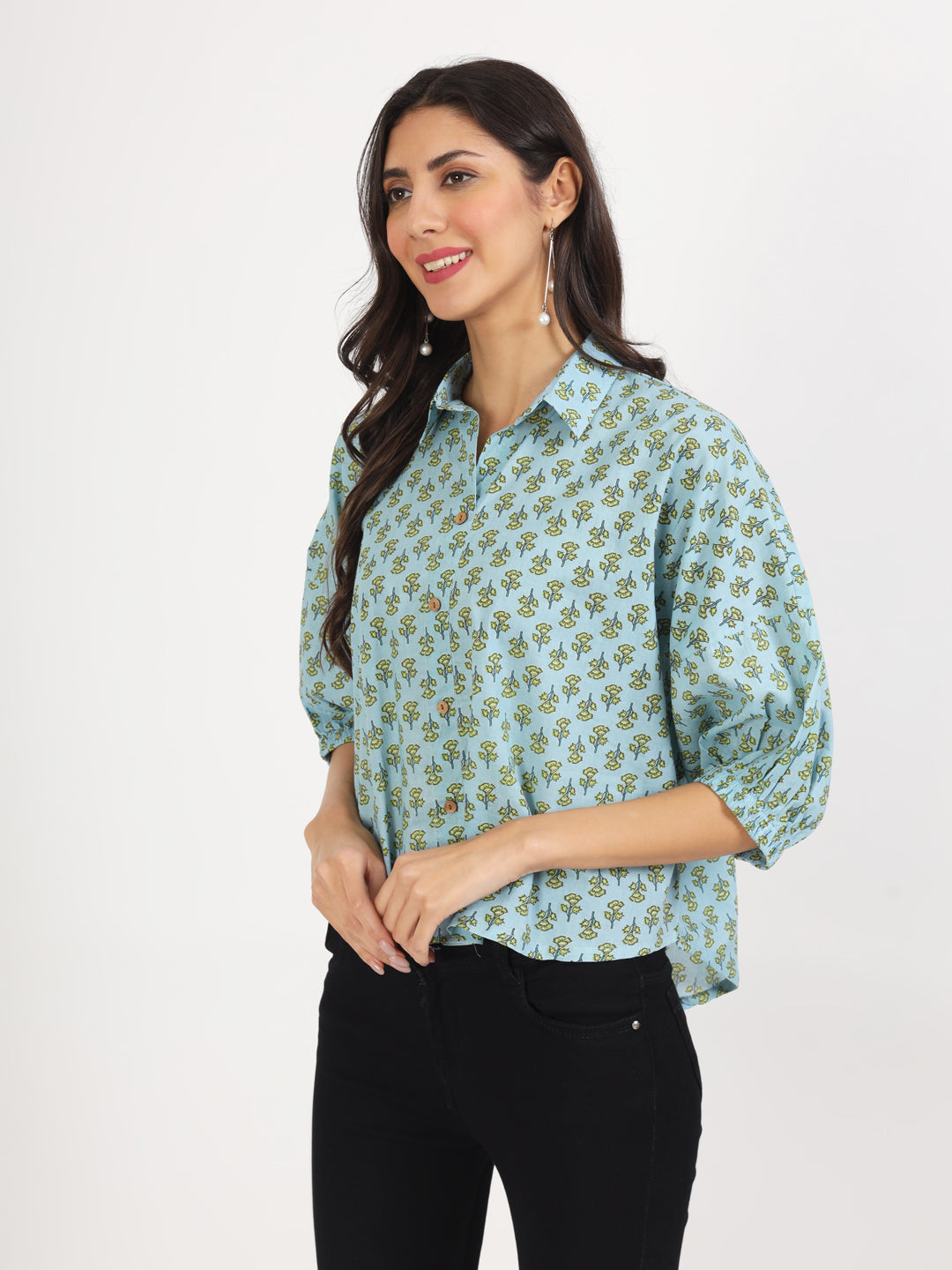 Eshani Sky Blue Floral Printed Cotton Tops