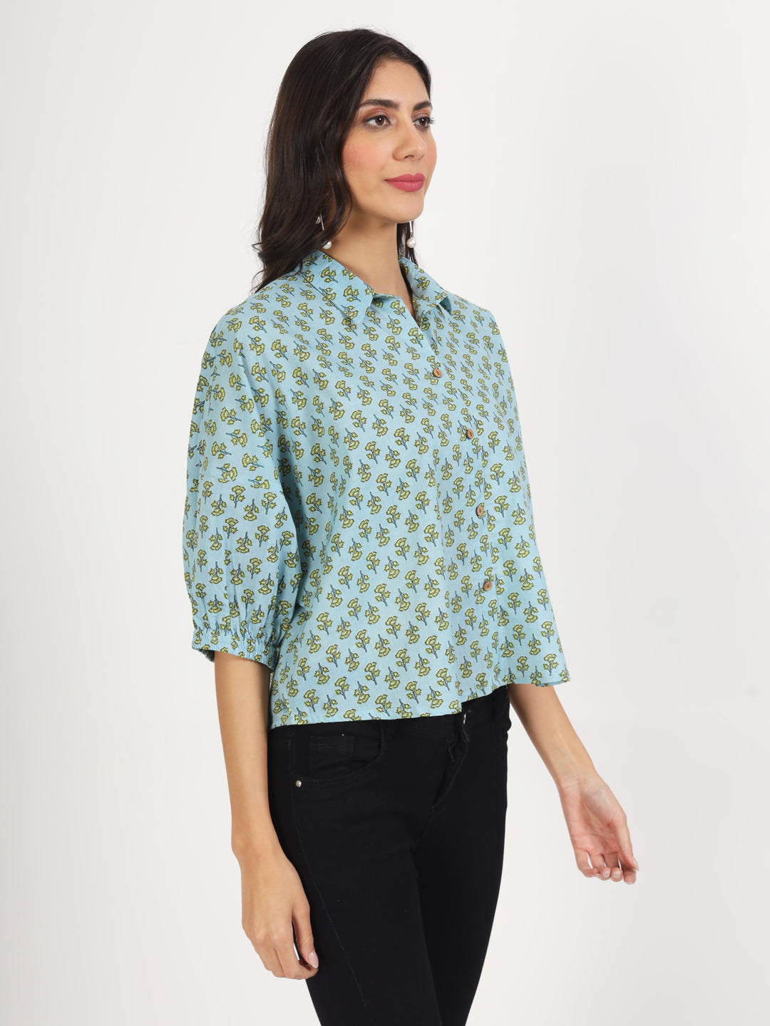 Eshani Sky Blue Floral Printed Cotton Tops