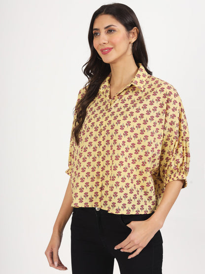 Eshani Beige Floral Printed Cotton Tops