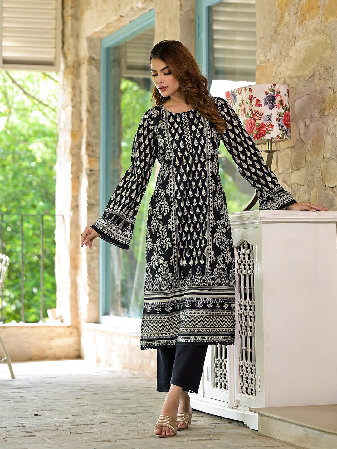 Eshani Black Cotton Straight Fit Knee Long Kurta Set for Women