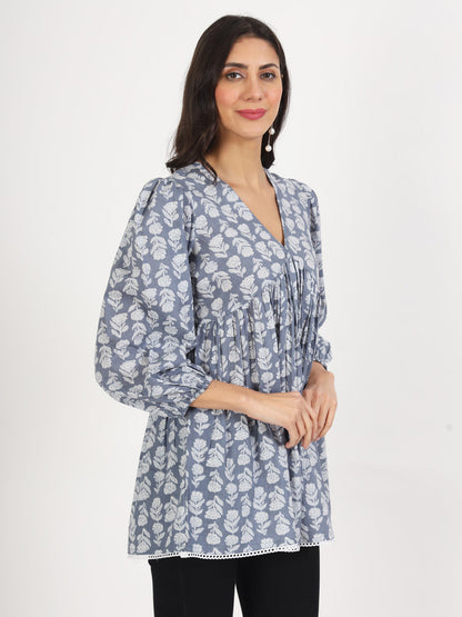 Eshani Grey White Floral Printed Cotton Top