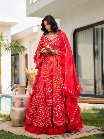 Eshani Bandhani Printed Cotton Lehenga & Blouse With Dupatta