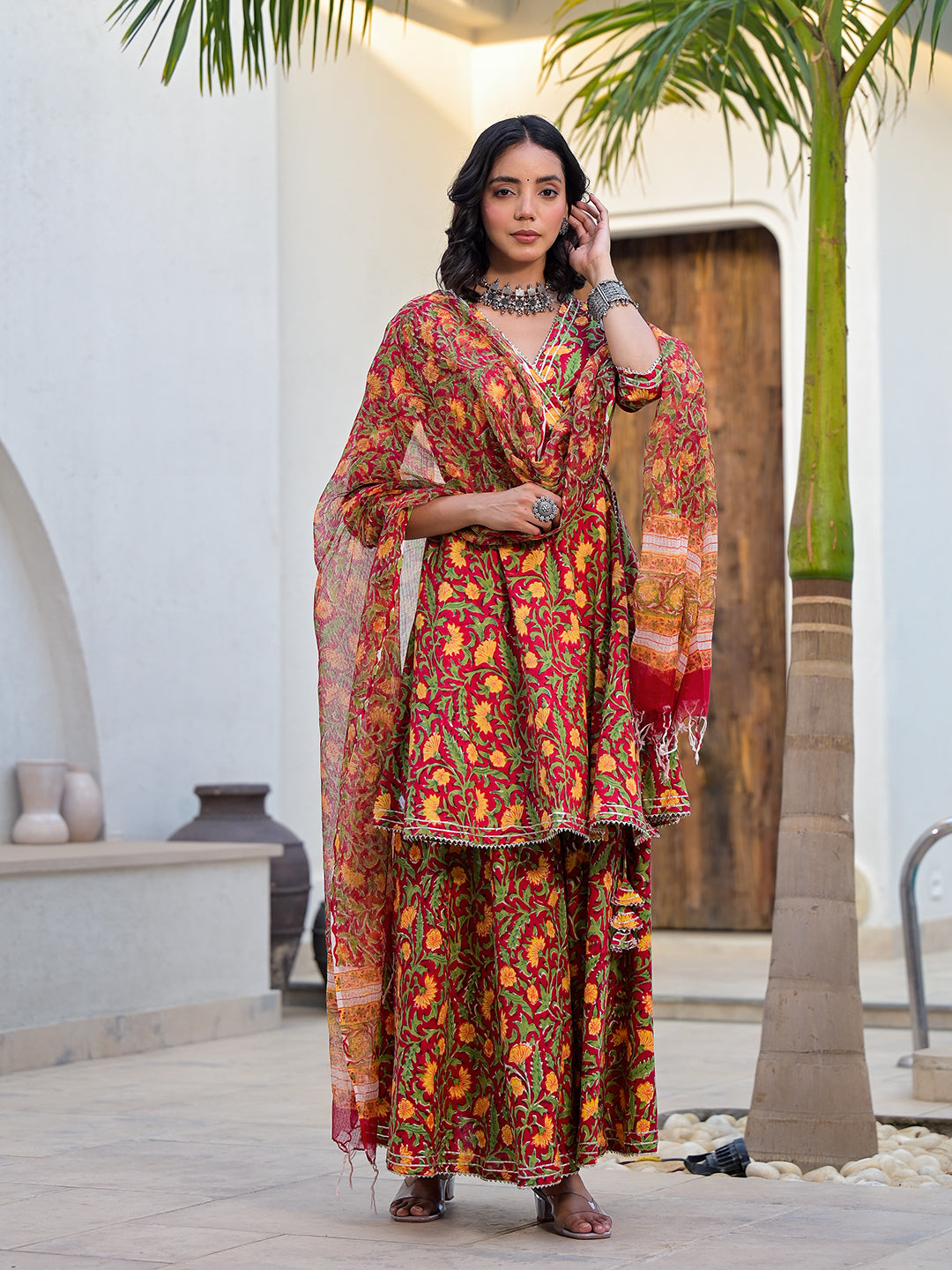 Eshani Maroon Floral Print Cotton Angarkha Kurta Gharara Set for women