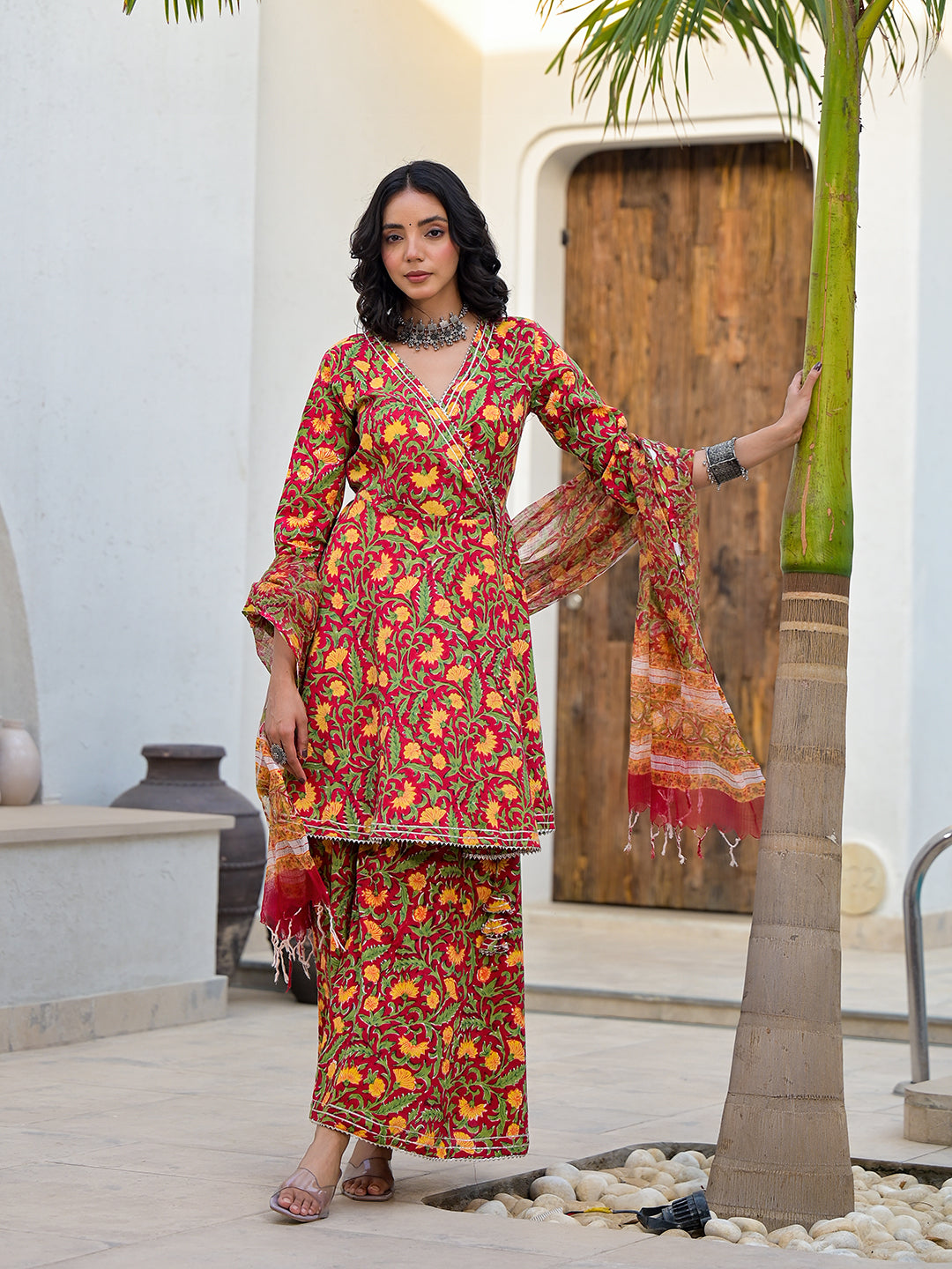 Eshani Maroon Floral Print Cotton Angarkha Kurta Gharara Set for women