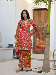 Eshani Maroon Floral Print Cotton Angarkha Kurta Gharara Set for women