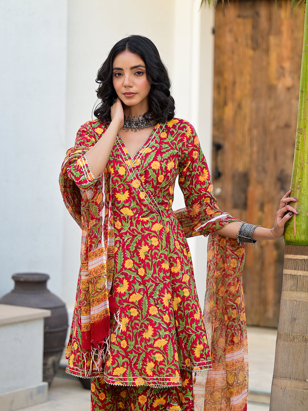 Eshani Maroon Floral Print Cotton Angarkha Kurta Gharara Set for women