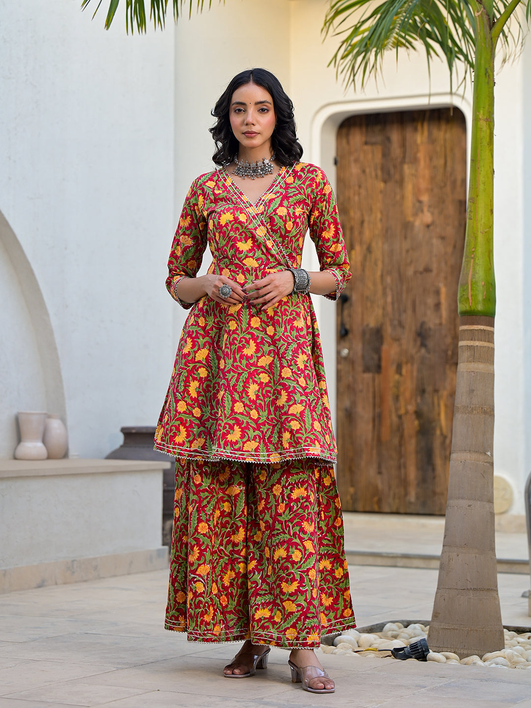 Eshani Maroon Floral Print Cotton Angarkha Kurta Gharara Set for women