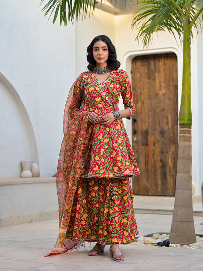 Eshani Maroon Floral Print Cotton Angarkha Kurta Gharara Set for women