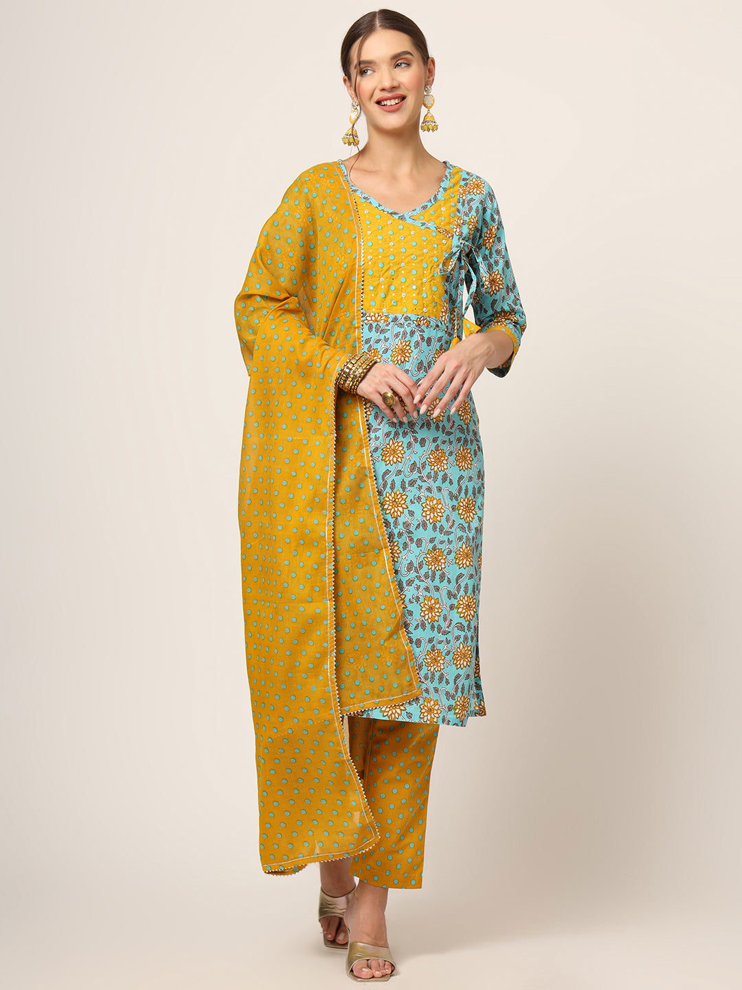 ESHANI Blue Floral Print Cotton Straight fit Kurta Set