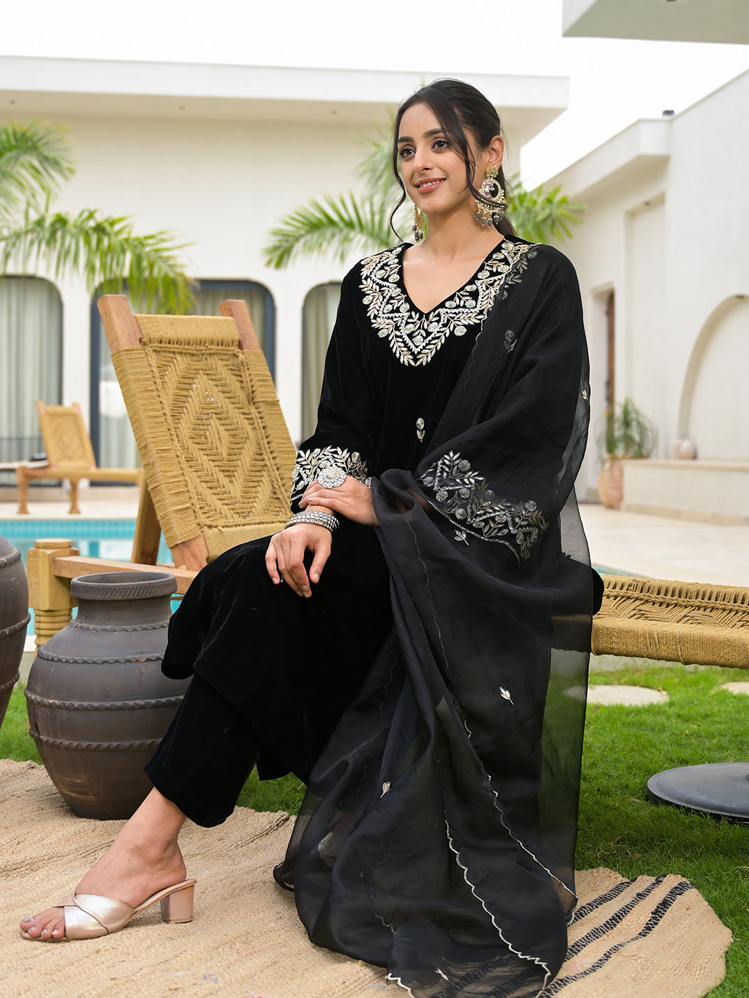 Eshani Embroidered Black Velvet Kurta Pant Dupatta Set for Women