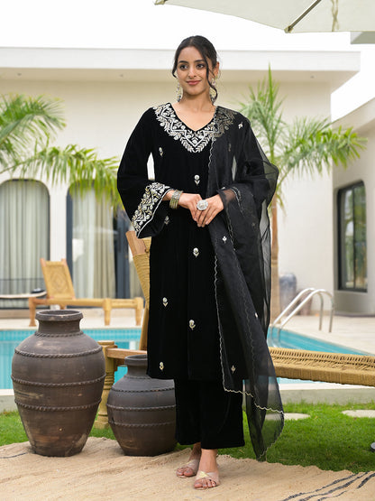 Eshani Embroidered Black Velvet Kurta Pant Dupatta Set for Women