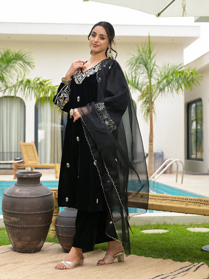 Eshani Embroidered Black Velvet Kurta Pant Dupatta Set for Women