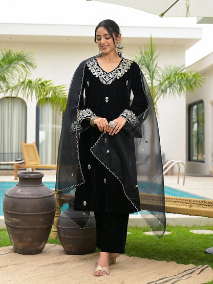 Eshani Embroidered Black Velvet Kurta Pant Dupatta Set for Women