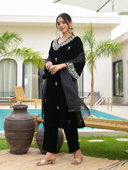 Eshani Embroidered Black Velvet Kurta Pant Dupatta Set for Women