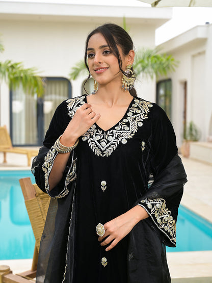 Eshani Embroidered Black Velvet Kurta Pant Dupatta Set for Women