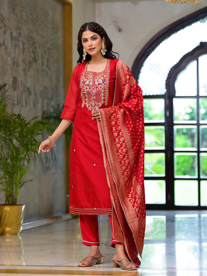 Eshani Red Embroidered Chanderi Silk Kurta pants with Banarashi Dupatta