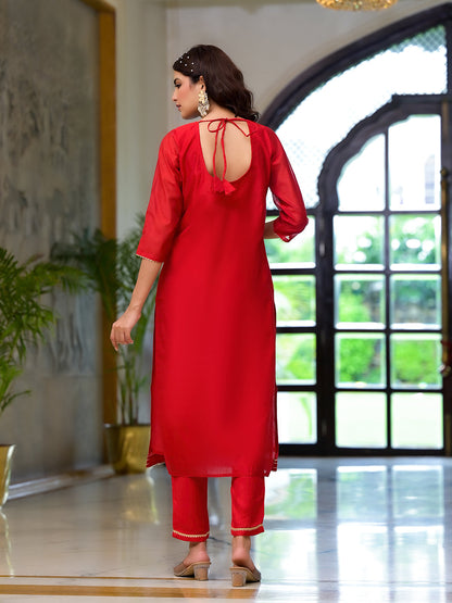 Eshani Red Embroidered Chanderi Silk Kurta pants with Banarashi Dupatta