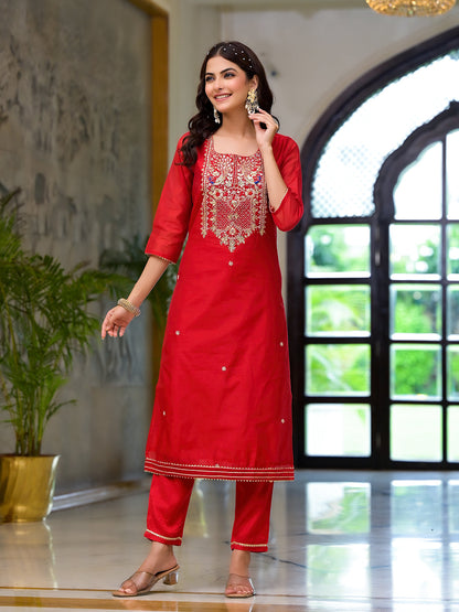 Eshani Red Embroidered Chanderi Silk Kurta pants with Banarashi Dupatta