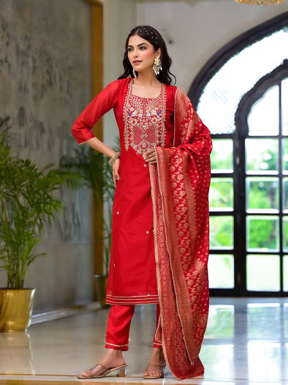 Eshani Red Embroidered Chanderi Silk Kurta pants with Banarashi Dupatta