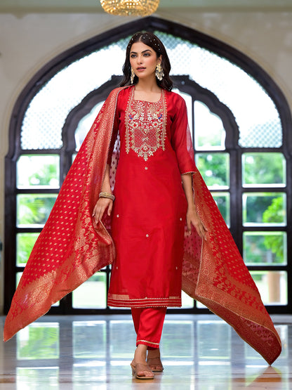 Eshani Red Embroidered Chanderi Silk Kurta pants with Banarashi Dupatta