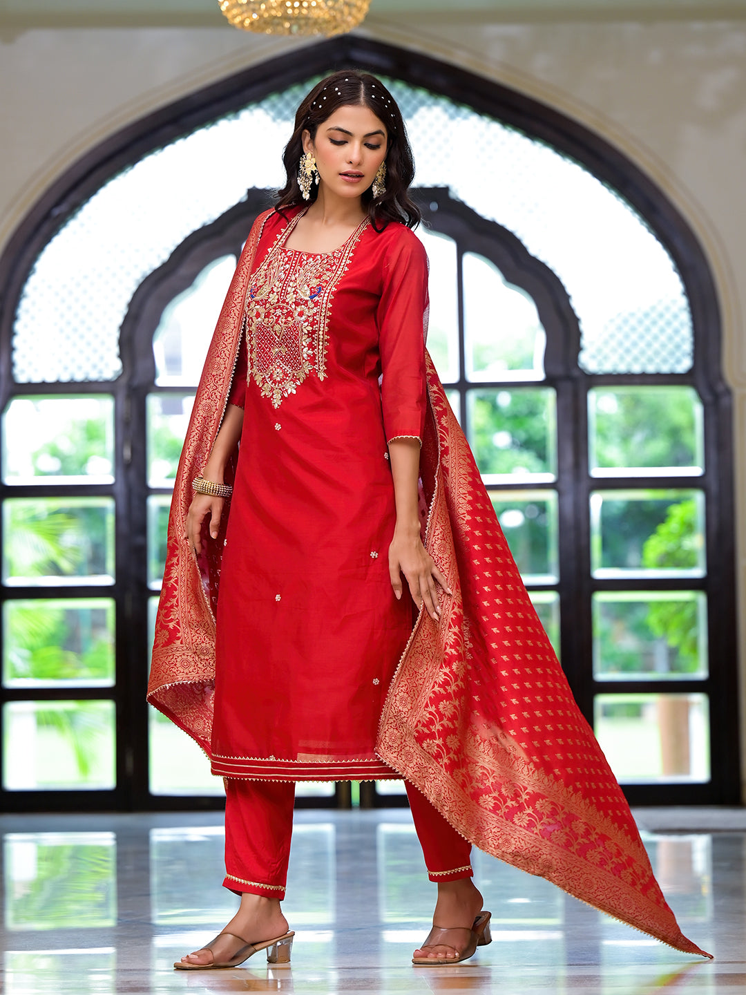 Eshani Red Embroidered Chanderi Silk Kurta pants with Banarashi Dupatta