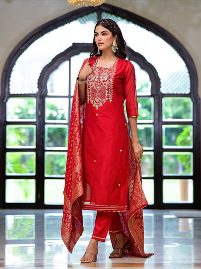 Eshani Red Embroidered Chanderi Silk Kurta pants with Banarashi Dupatta