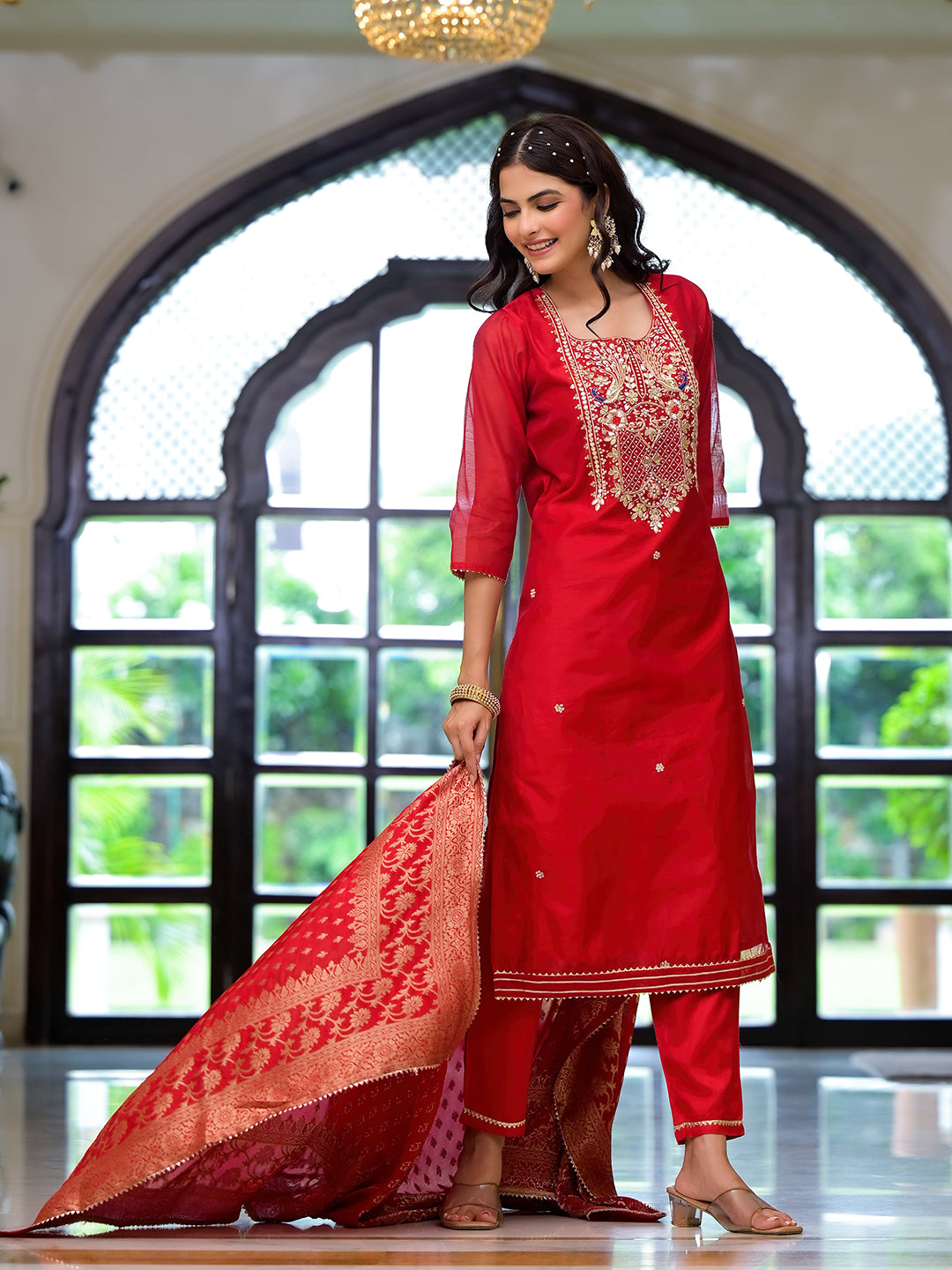 Eshani Red Embroidered Chanderi Silk Kurta pants with Banarashi Dupatta