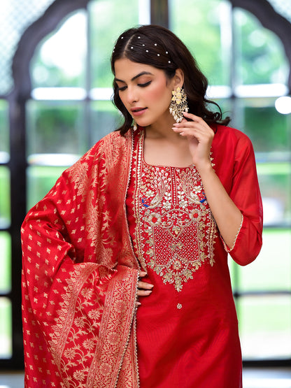 Eshani Red Embroidered Chanderi Silk Kurta pants with Banarashi Dupatta