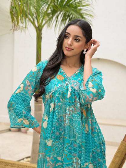 Eshani Turquoise Digital Print Muslin Co-ord set