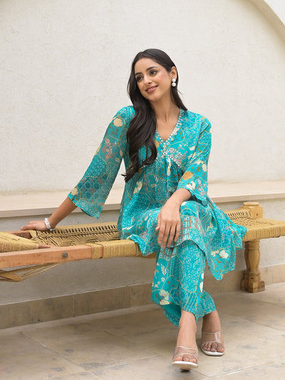 Eshani Turquoise Digital Print Muslin Co-ord set