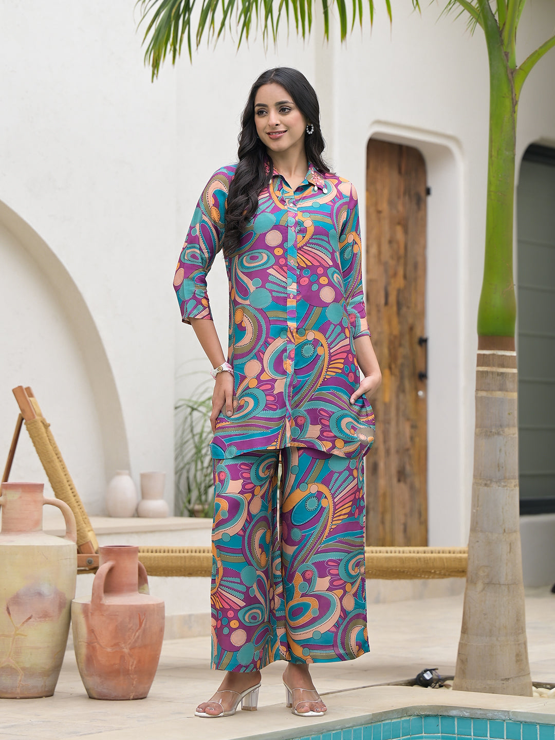 Eshani Purple Multi Digital Print Muslin Co-ord set for Women