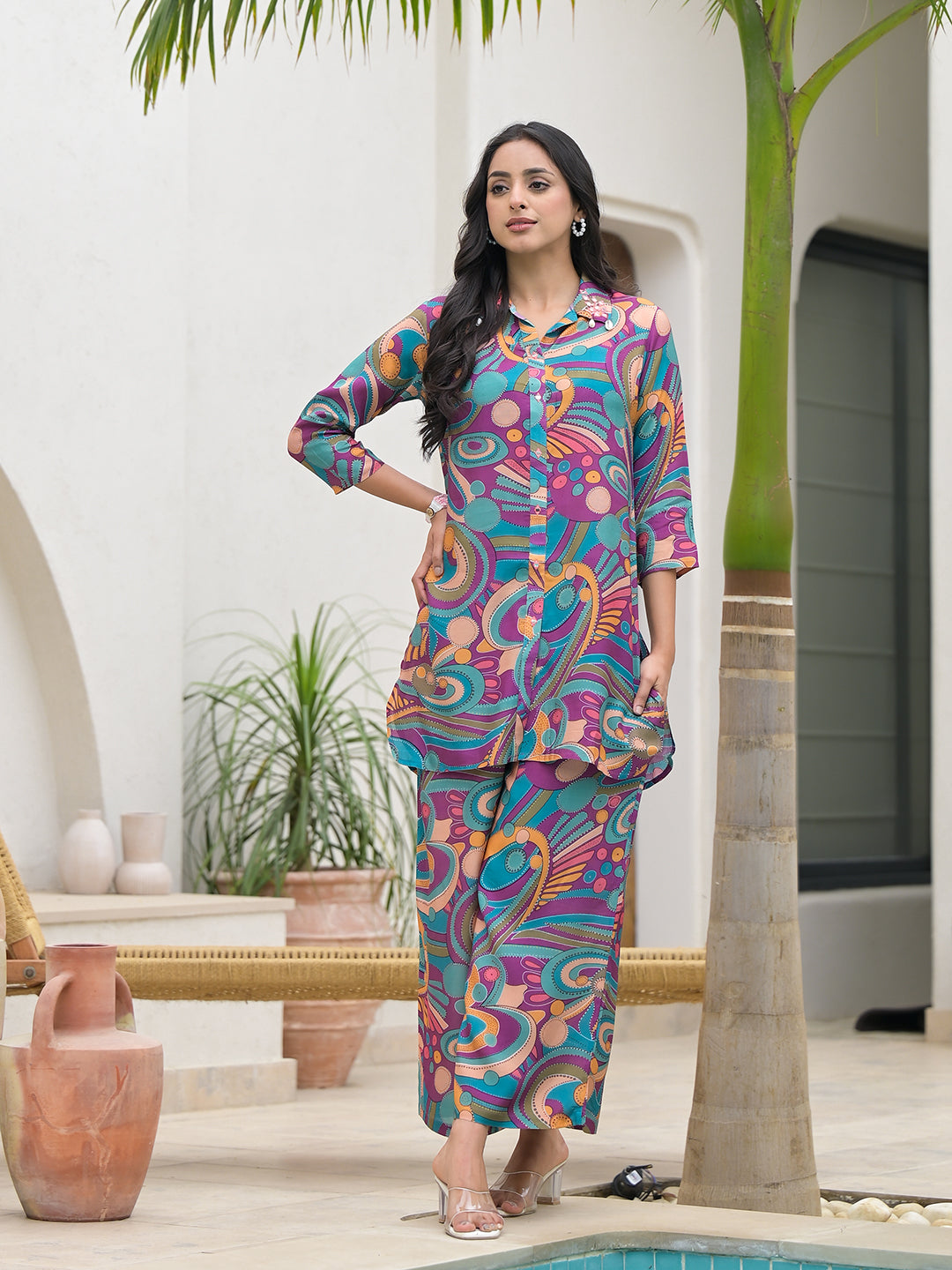 Eshani Purple Multi Digital Print Muslin Co-ord set for Women