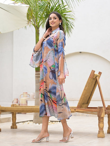 Eshani Blue Multi Digital Printed Chinon Kaftan Dress