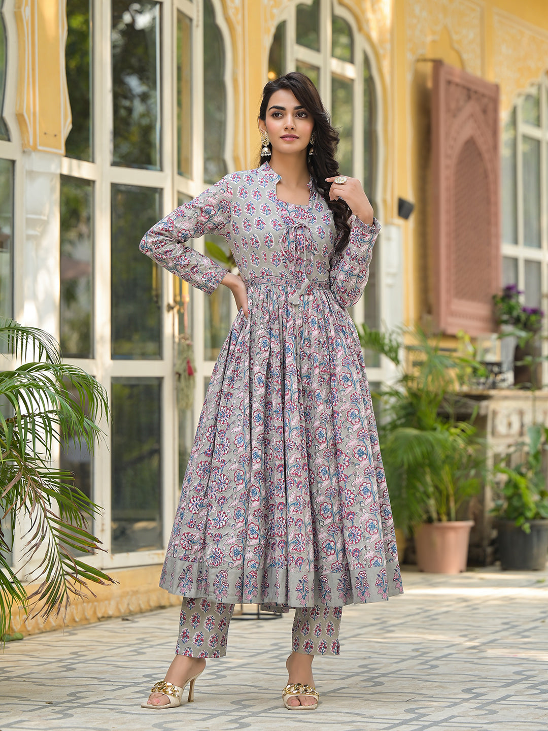 ESHANI Grey Floral Print Cotton Anarkali Kurta Trouser with Dupatta Set
